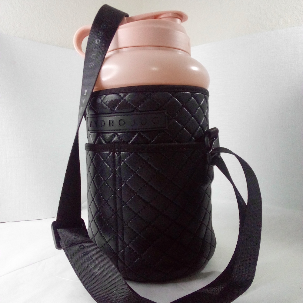 HYDRO JUG Pink Workout Water Bottle W/ Black Basketweave Sleeve & Straps  73oz